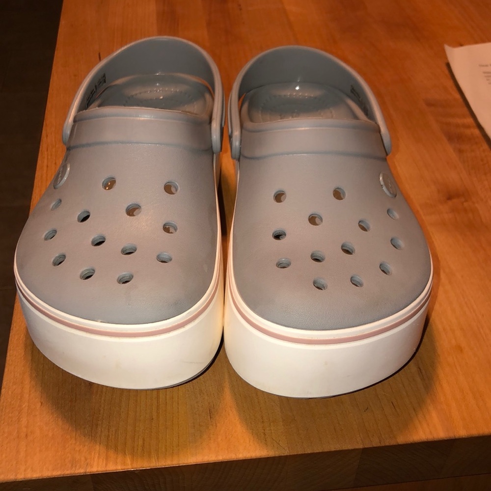 Greg and pink wedge crocs